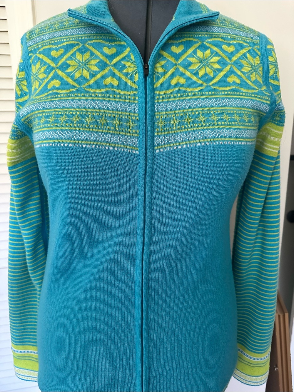 Turquoise and Lime Zip-Front Women's Ski Sweater